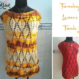 May include: A crochet tunic with a "Twining Leaves Tunic" title. The tunic is made with a yellow, brown, and white yarn. The tunic has a loose fit and a scoop neck.