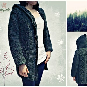 May include: A dark green hooded cardigan with a cable knit pattern. The cardigan is open in the front and has a long, flowing design.