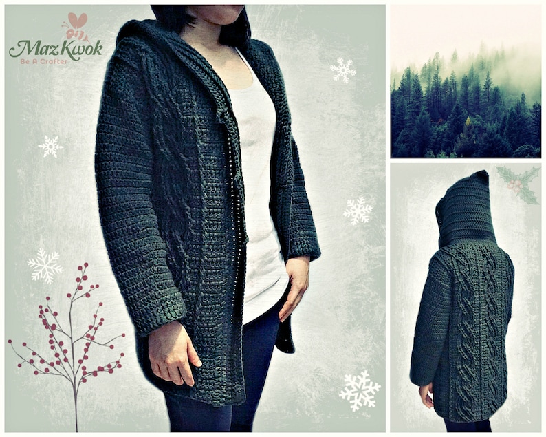 May include: A dark green hooded cardigan with a cable knit pattern. The cardigan is open in the front and has a long, flowing design.