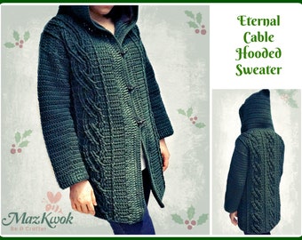 Eternal cable hooded sweater pdf crochet pattern ( size L - 3XL )