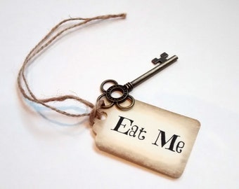 3 keys and eat me tags, Alice in wonderland theme, eat me tag with key, skeleton key, rustic wedding decor, Alice in Wonderland party