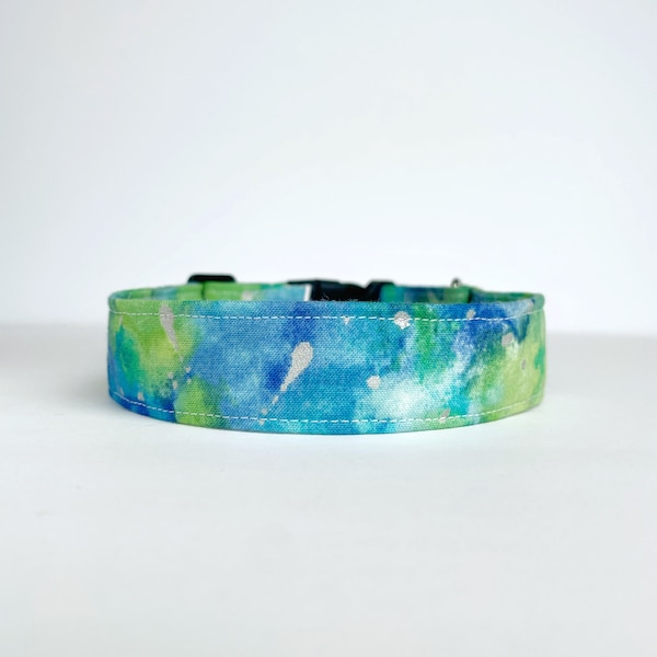 Blue and Emerald Green Pastel Sturdy Dog Collar - Spring or Summer Tie Dye Collar for Male Dogs and Girl Dogs