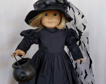 Handmade! 6-piece Black Witch Costume with Optional Hat Ties - Halloween - Gothic - Wicked Witch made to fit American Girl