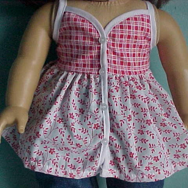 Floral and Plaid Red Babydoll-Styled Top Blouse - Made to fit American Girl Dolls