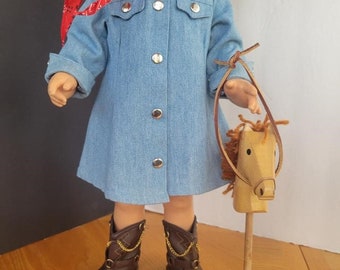 Western Denim Cowgirl Dress with Bandana includes Cowgirl Boots & Stick Pony - made to fit Chatty Cathy