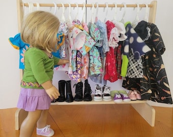 Handmade Extra Large Wood Clothes Rack with Shoe Shelf - works for American Girl & all other Dolls