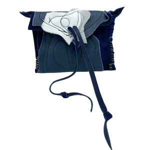 Leather Leaf Clutch: Navy Blue Hand Stitched Pouch