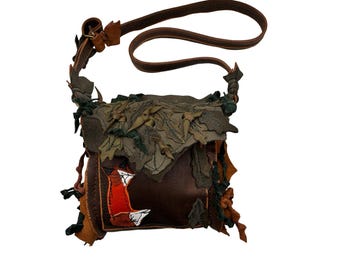 Handmade Brown Leather Leaf Bag with Fox and Oak Leaves: Small Fairy Purse