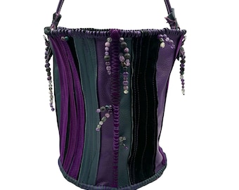 Handmade Leather Bucket Bag with Horizontal Stripes