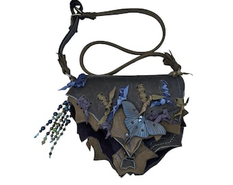 Leather Leaf Crossbody Bag: Hand-Painted Moth, Gemstone Charm