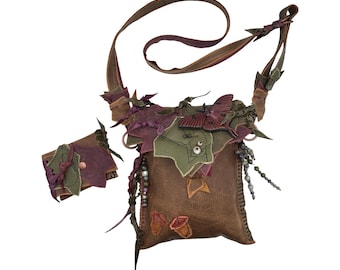 Leaf Leather Crossbody Bag with Cardholder: Moth, Acorn, Gemstone Detail