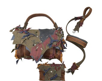 Handmade Leather Crossbody Bag: Forestcore Leaf Design with Matching Wallet , 2 piece set