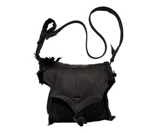 Small Hand Stitched Black Leather Crossbody Bag: Fairy Grunge Purse
