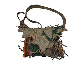Handmade Leather Crossbody Bag: Forestcore Leaf Design