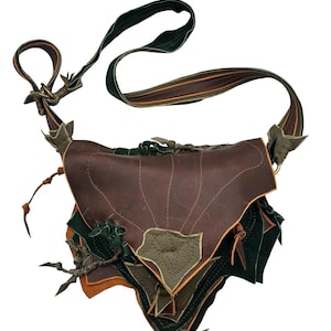 Leaf Leather Crossbody Bag: Brown and Green Woodland Pixie Purse with optional Moth patch