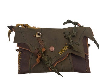 Handmade Leather Leaf Clutch: Forest Green Fairy Bag