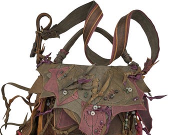 Handmade Leather Leaf Bag: Gemstone Accents, Crossbody Purse with Side Pocket