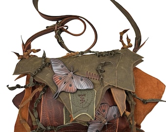 Handmade Leather Crossbody Bag: Leaf Design Foraging Purse with optional Moth patch