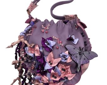 Hand Stitched Purple and Pink Leather Bag: Whimsical slouchy Shoulder Purse