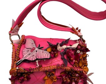 Leather Pink Fairy Bag, Gemstones, Wearable Art