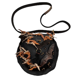 Black Leather Crossbody Bag: Bat Patch, Weaving, Tigers Eye