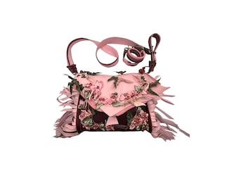 Handmade Leather Crossbody Bag, Pink Floral Rosecore Purse with Detachable Straps