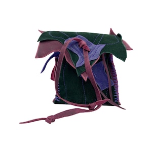 Handmade Leather Dice Bag: Magenta, Forest Green, and Purple Pouch