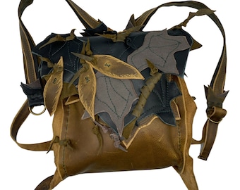 Handmade Leather Leaf Backpack Purse: Earthy Fantasy Bag
