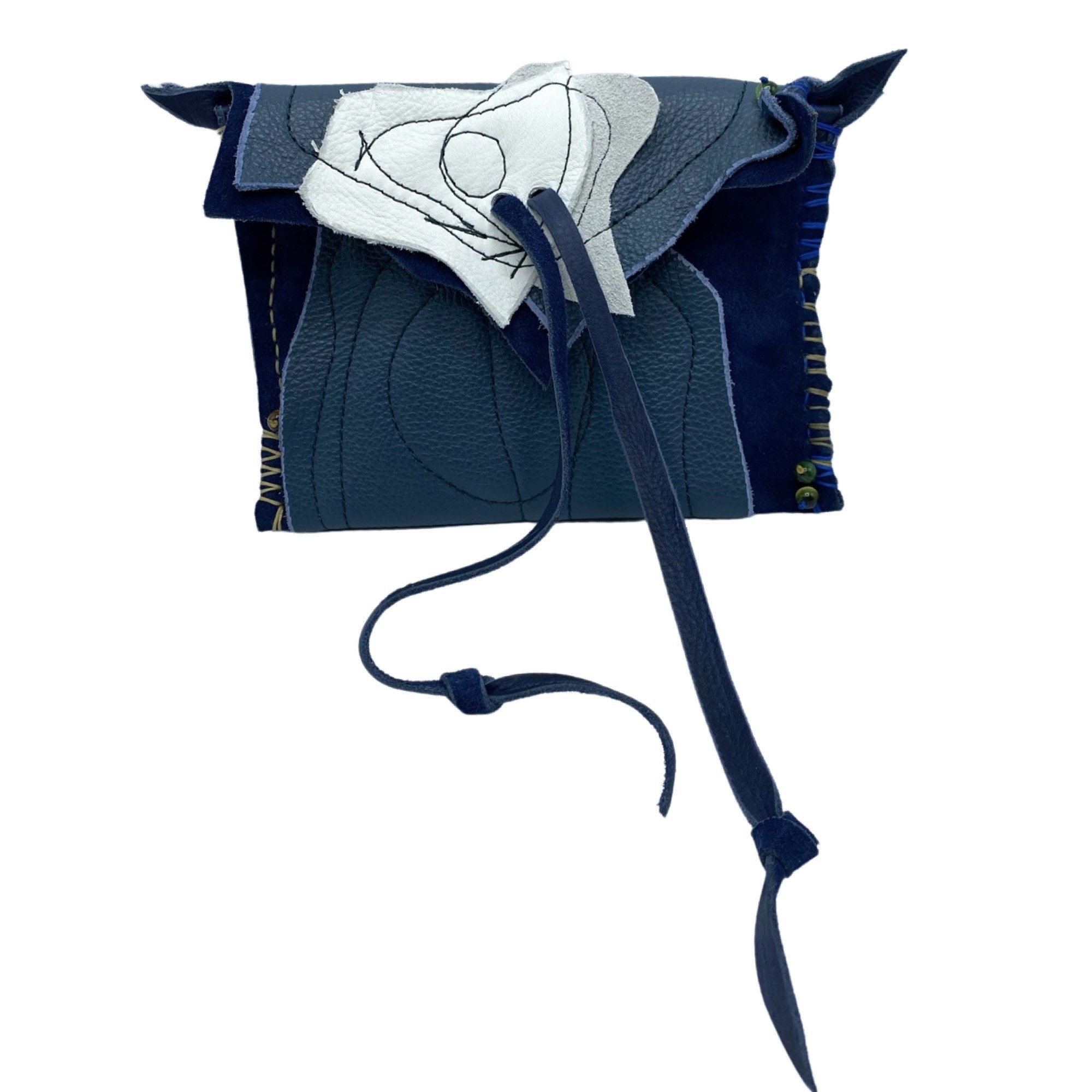 Leather Leaf Clutch: Navy Blue Hand Stitched Pouch