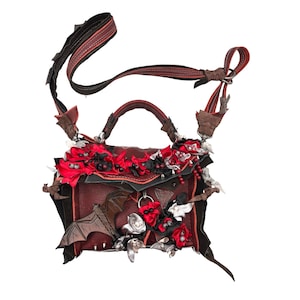 Handmade Leather Satchel: Vampy Goth bag with satin petals , gemstones  and Bat patch