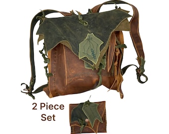 Handmade Leather Leaf Backpack Purse Set: Earthy Cardholder