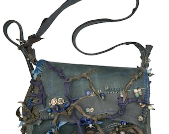 Handmade Leather Crossbody Bag: Blue Ocean Inspired with Gemstones