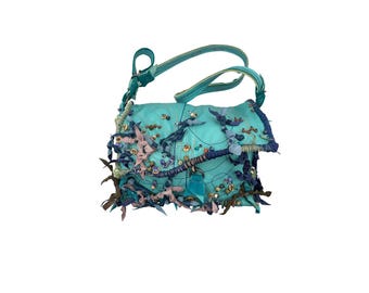 Handmade Mermaid Boxy Bag, Velvet and Leather Purse, Crystal Accents
