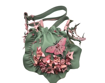 Hand Stitched Green and Pink Leather Bag: Whimsical slouchy Shoulder Purse with Pink Moth