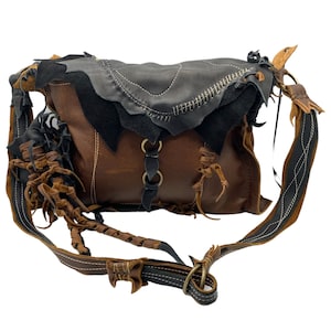 Handmade brown and black bag, boho bag, leather crossbody bag, leafy bag, ranger bag, messenger bag, leather tote bag, leather leaf bag, elf