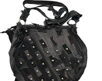 Black Leather Crossbody Bag: Goth Purse with spikes