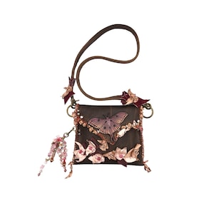Handmade Leather bag, fantasy pouch, tarot bag, brown bag, Moth, fairy purse, leather fairy purse, shoulder bag, whimsical purse, fairy, elf