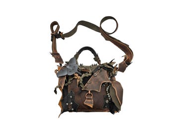 Handmade Leather Satchel: Boho Fairy Bag with Labradorite Stone and Moth patch