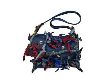 Small Blue Leather Wearable Art Purse with bronze pieces and gemstones