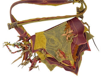 Handmade Red Leather Crossbody Bag: Boho Leaf Design