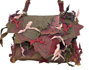 Handmade Leather Leaf Bag: Top Handle with detachable Crossbody Strap and Moth patch