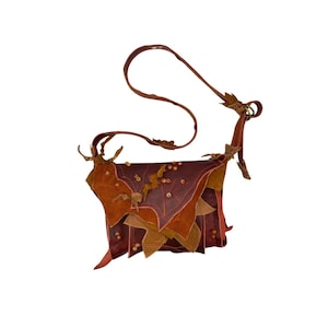Hand stitched Red leather bag, small leather purse, red purse, Autum accessory, fall purse, leaf bag, fairy accessory