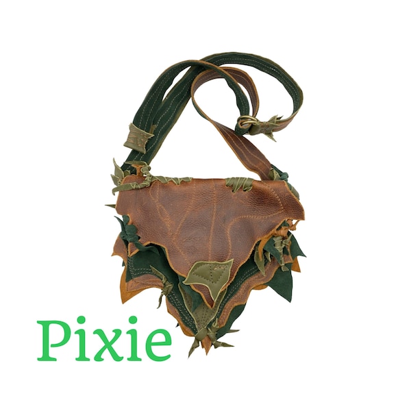 Brown and green leather bag, leather crossbody bag, leather leaf bag, fairy grunge, woodland, Pixie”, Renaissance Faire costume, leafy bag