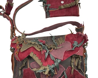 Handmade Leather Crossbody Bag: Forestcore Leaf Design with Matching Wallet , 2 piece set