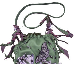 Hand Stitched Green and Purple Leather Bag: Whimsical slouchy Shoulder Purse