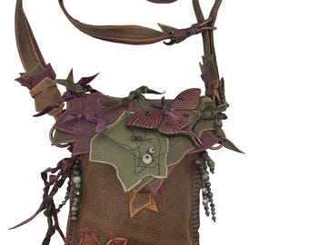 Leaf Leather Crossbody Bag : Moth, Acorn, Gemstone Detail