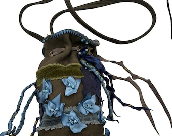Handmade Green and Blue Leather Bucket Bag, Fairy Grunge Purse with Oak Leaves