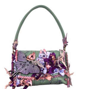 Leather Mint Green Fairy Box Bag with Lilac Moth Patch, Gemstones, Wearable Art