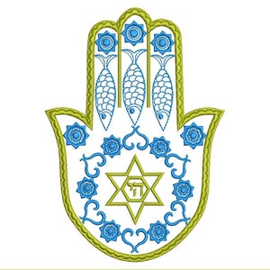 May include: A green hamsa hand with a blue Star of David and three fish designs. The hamsa hand is a symbol of protection and good luck.