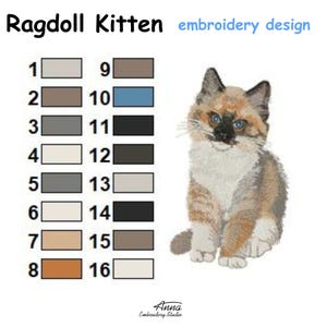 Puede incluir: Un dise&ntilde;o de bordado de un gatito Ragdoll con ojos azules y pelaje multicolor. La imagen incluye una tabla de colores numerada del 1 al 16, que muestra varios tonos de gris, marr&oacute;n, azul, negro y blanco, con el texto Anna Embroidery Studio.